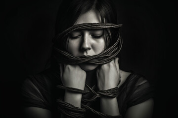 Portrait of a chained woman, human trafficking concept.  
 - obrazy, fototapety, plakaty