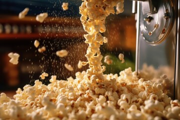 A close-up of a popcorn machine, with popcorn kernels popping and flying out of the machine, capturing the essence of the popcorn-making process. Generative AI