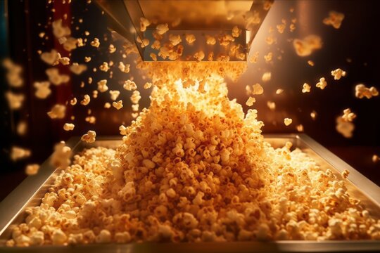 A close-up of a popcorn machine, with popcorn kernels popping and flying out of the machine, capturing the essence of the popcorn-making process. Generative AI