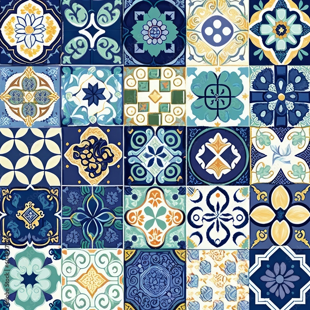 Poster seamless colorful patchwork moroccan tile. motifs majolica pottery tile. portuguese and spain decor 