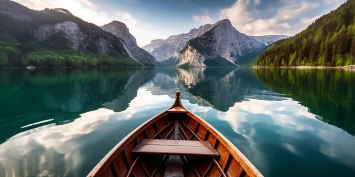 Beautiful view of a traditional wooden rowboat on a picturesque lake among the mountains. Generative AI	
