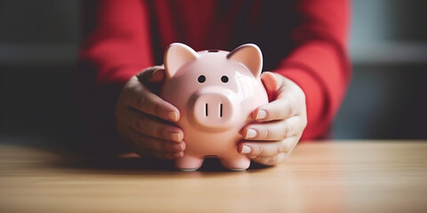 Close-up of hands holding a piggy bank. Generative AI	
