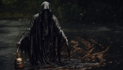 grim reaper the death emerging from black oil spill . pollution by oil concept . Generative AI - obrazy, fototapety, plakaty