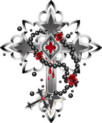 Kreuz aus gotischen Elementen und Rosenkranz