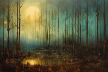 Painting by gold powder, a forest