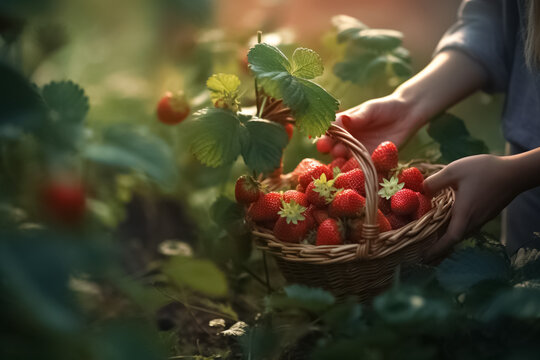 Close up, picking strawberries in the field, sunny weather, illustration. Generative AI. Strawberry, wild strawberry, plant, fruit and food, agriculture and agricultural, image