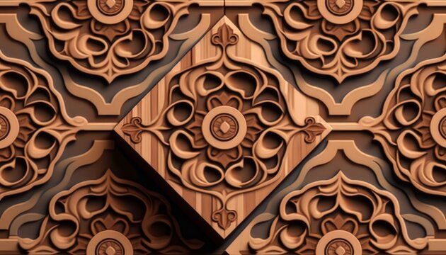 Seamless wooden carving tile Islam, Arabic, Indian style Ceramic tile design, Generative AI