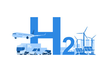 The concept of production and use as an energy source in the transport of hydrogen. Vector illustration.