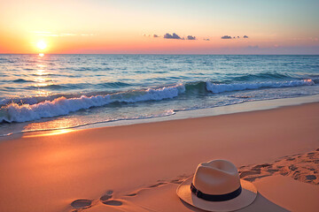 Fototapeta na wymiar A summer hat lays on the beach at sunset, Generative AI