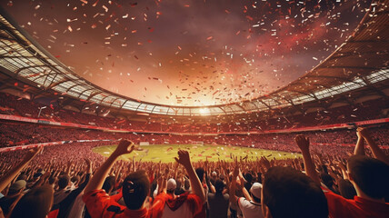 view inside soccer stadium with Fans on stadium game and audiences people celebration, Generative AI.