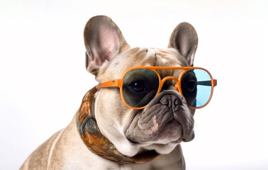 Portrait of a French bulldog with sunglasses on white background, Generated AI