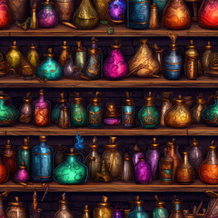 Fototapeta na wymiar Magic potions seamless repeat pattern, colorful witch art [Generative AI] 