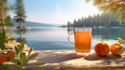 A glass of apple juice on nature background, vacation, relaxation concept, copy space, Generated AI