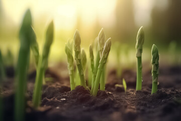 Young green asparagus sprout. Growing, harvesting Asparagus. Healthy natural food and vegetable background concept. 