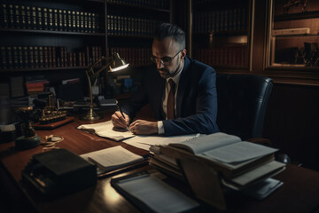 Portrait of a male lawyer working with documents in his office. Generative AI	