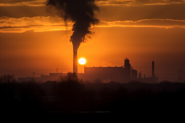 silhouettes of Chimneys from industrial plants make emissions and pollute the air at sunset