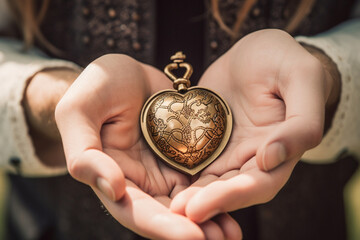 Close-up of a couple's hands holding a heart-shaped locket symbolizing cherished memories and a deep connection,