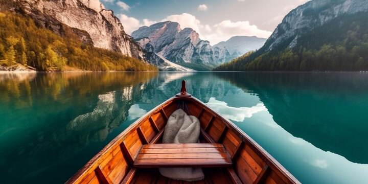 Beautiful view of a traditional wooden rowboat on a picturesque lake among the mountains. Generative AI	