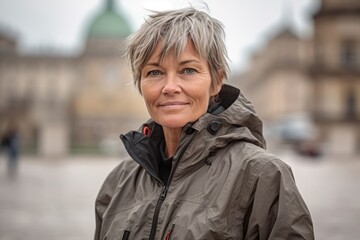 Lifestyle portrait photography of a satisfied mature woman wearing a lightweight windbreaker against a historical monument background. With generative AI technology