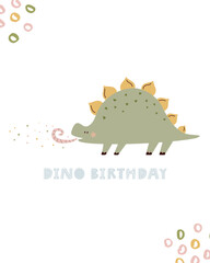 Illustration with a cute Birthday dinosaur in a simple hand drawn style.