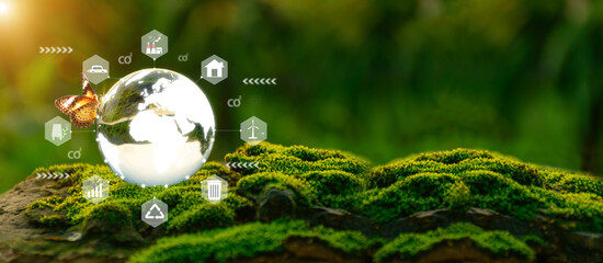 World environment day.Globe Glass with circular economy icons renewable energy . sustainable...