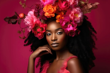 Portrait of a person with a flower: Close-up portrait captures a beautiful young black woman adorned with a flower crown, radiating glamour in bold colorism style. Generative AI