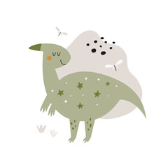 Funny illustration with dinosaur in a simple hand drawn style