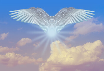 white angel flies in sky gradient, fluffy clouds, postmortal transition, concept of lightness,...