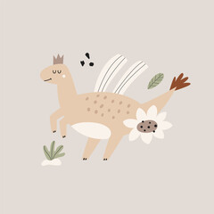 Funny illustration with dinosaur in a simple hand drawn style