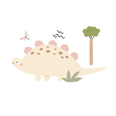 Funny illustration with dinosaur in a simple hand drawn style