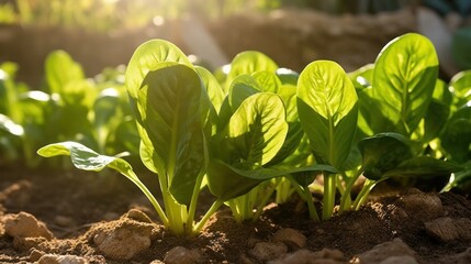 Spinach plants growing in the vegetable garden. Generative AI.