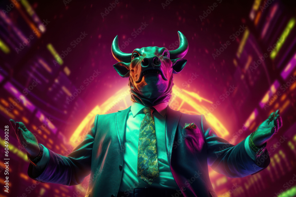 Wall mural Trader business man suit with bull head sit at office background. Professional and financial concept. Generative ai.