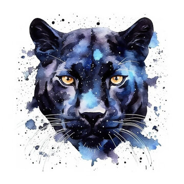 A watercolor painting of a black panther"s face. Generative AI.