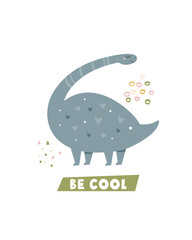 Funny illustration with dinosaur in a simple hand drawn style