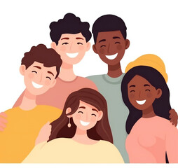 group of young people, students of different races, nations, skin colors hug and smile. generative ai