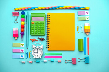 Stylish colored stationery and school supplies. Back to school.