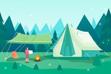 People camping outside in summer with lawn and forest in the background, vector illustration
