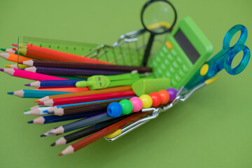 Stylish colored stationery and school supplies. The concept of returning to school.