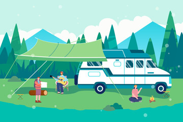 People camping outside in summer with lawn and forest in the background, vector illustration