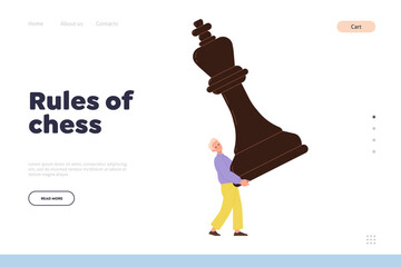 Rules of chess landing page design template with tiny man character figure holding huge king