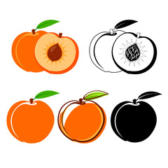 Half and whole of peach. Peach icon. Logo. Peaches isolated on white background. Vector Illustration.