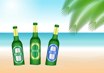 Cold Beer Bottle and Summer Beach Background. 