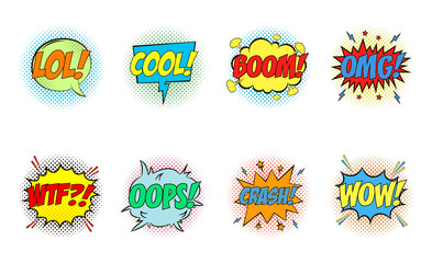 Comic speech bubbles set with emotions - LOL! COOL! BOOM! OMG! WTF?! OOPS! CRASH! WOW! Cartoon sketch of dialog effects in pop art style on dots halftone background. - obrazy, fototapety, plakaty