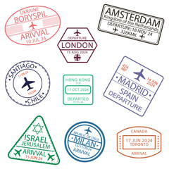 Visa passport stamps for travel to Canada, Ukraine, Netherlands, Great Britain, Chile, Hong Kong, Spain, Israel, Italy. Airport sign with airplane.