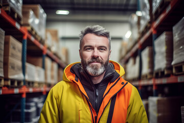 Fototapeta premium Portrait of warehouse worker wearing a hi-vis jacket stood in a distribution center. Generative ai