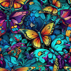 Colorful butterflies and flowers psychedelic neon seamless repeat pattern [Generative AI]