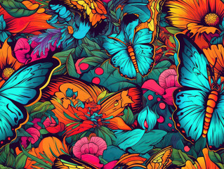Colorful butterflies and flowers psychedelic neon seamless repeat pattern [Generative AI]