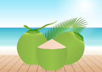 Coconut Juice or Coconut Water Drink on Beach. Vector Illustration.