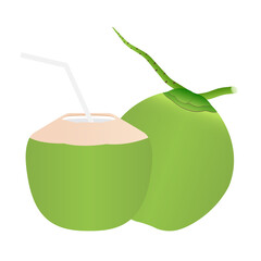 Coconut Juice or Coconut Water Drink, Fresh Green Coconut. Vector Illustration Isolated on White Background. 