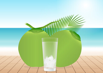 Coconut Juice or Coconut Water Drink, Fresh Green Coconut. Vector Illustration Isolated on White Background. 